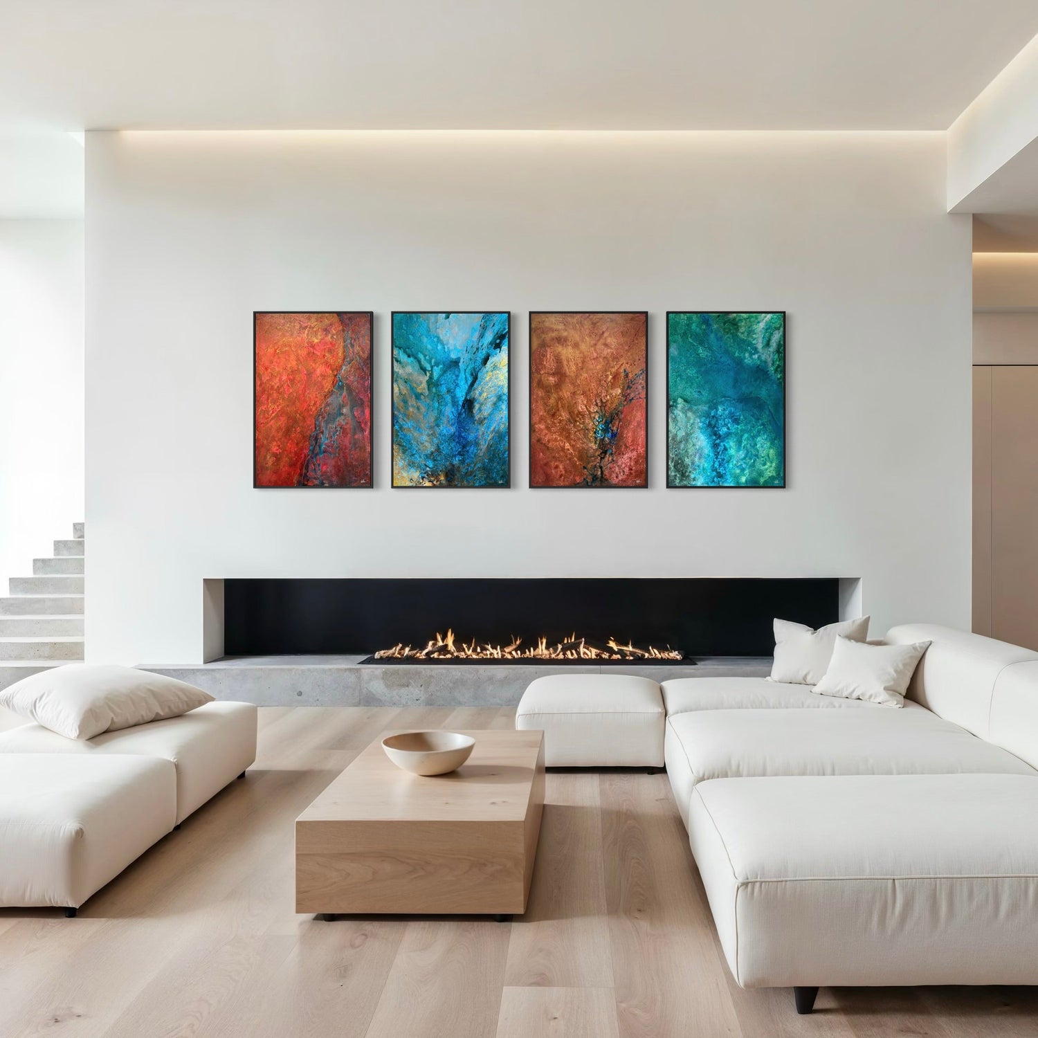 Colorful abstract paintings in a modern minimalist interior.