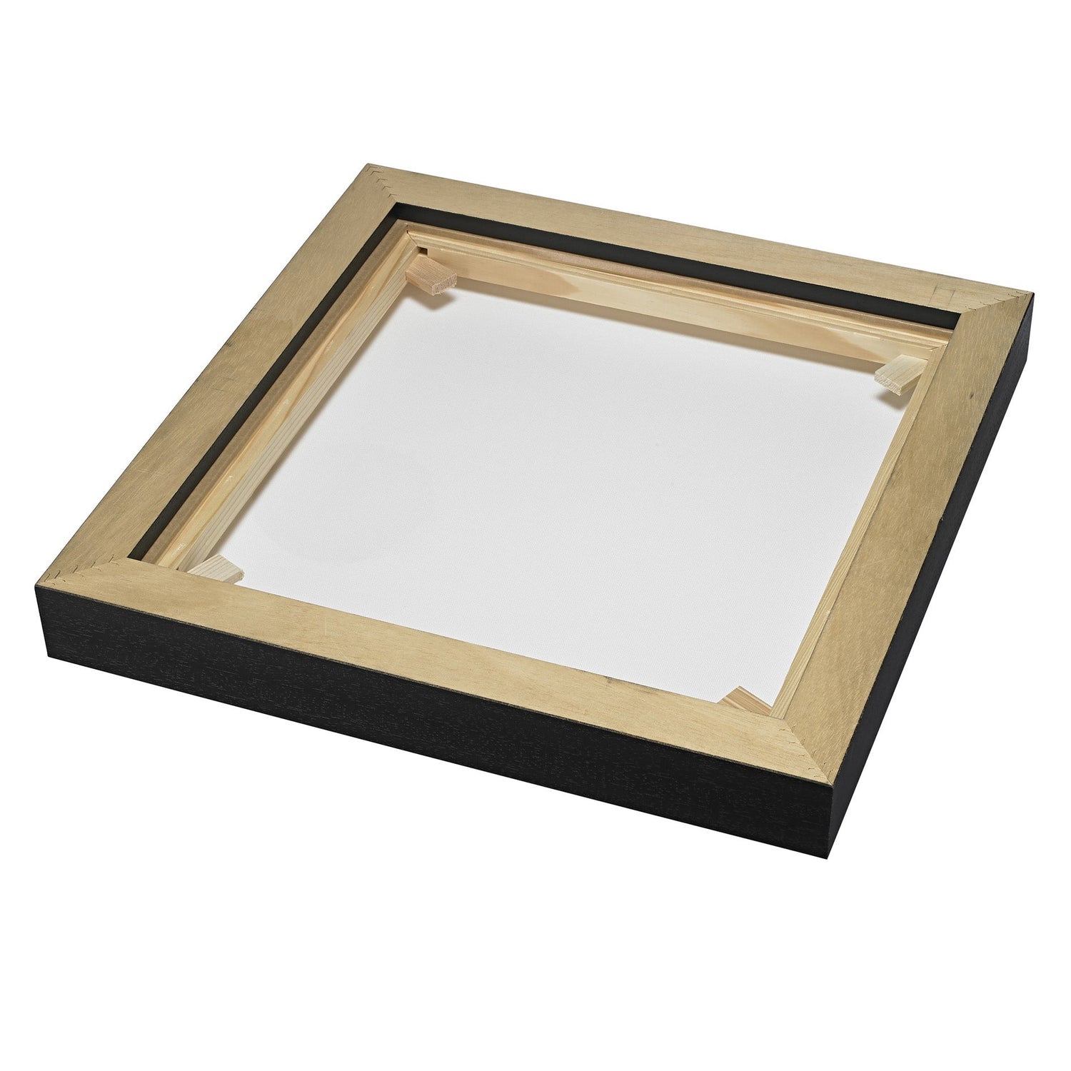 Wooden picture frame with black border on a white background