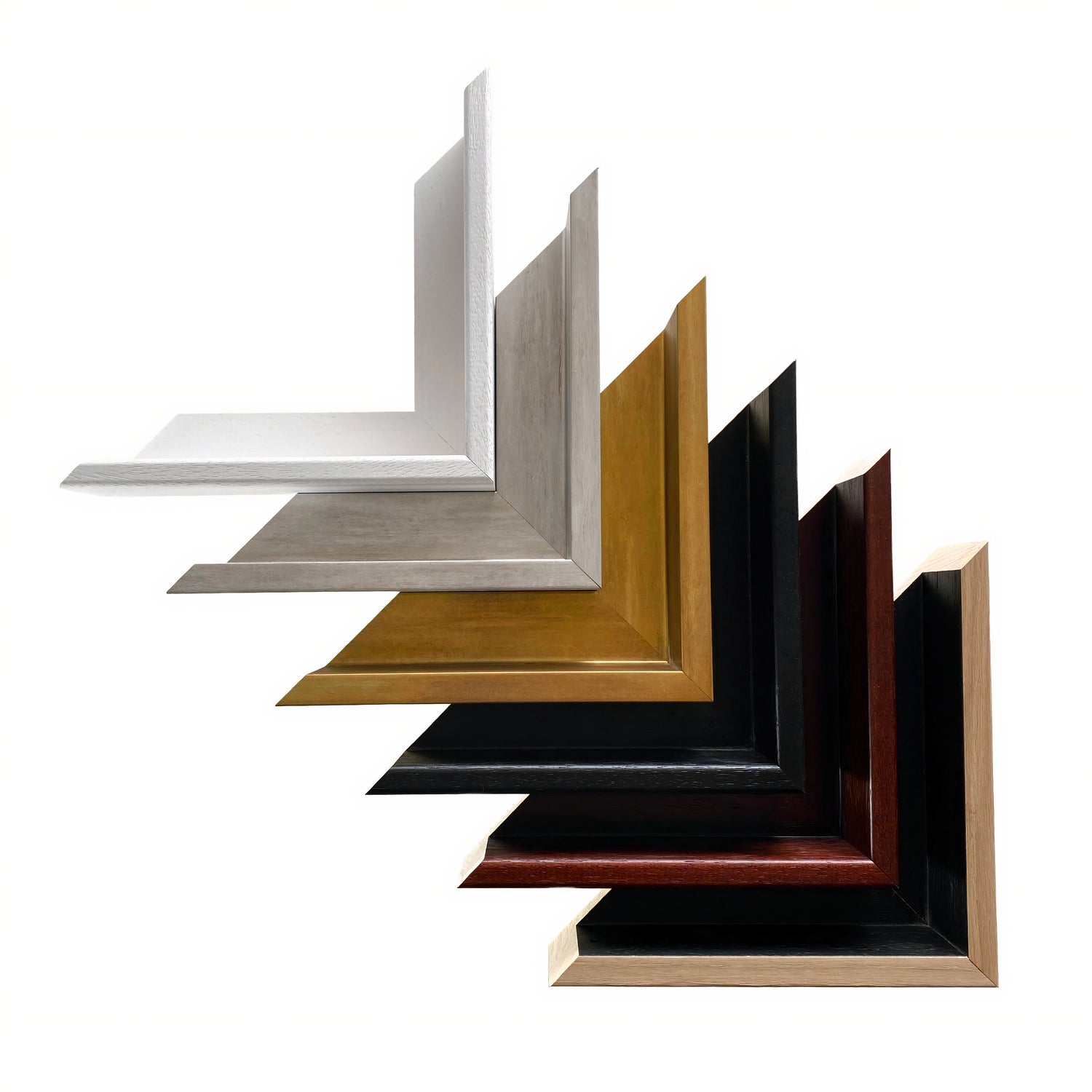 Set of various wooden picture frames in different colors on a white background