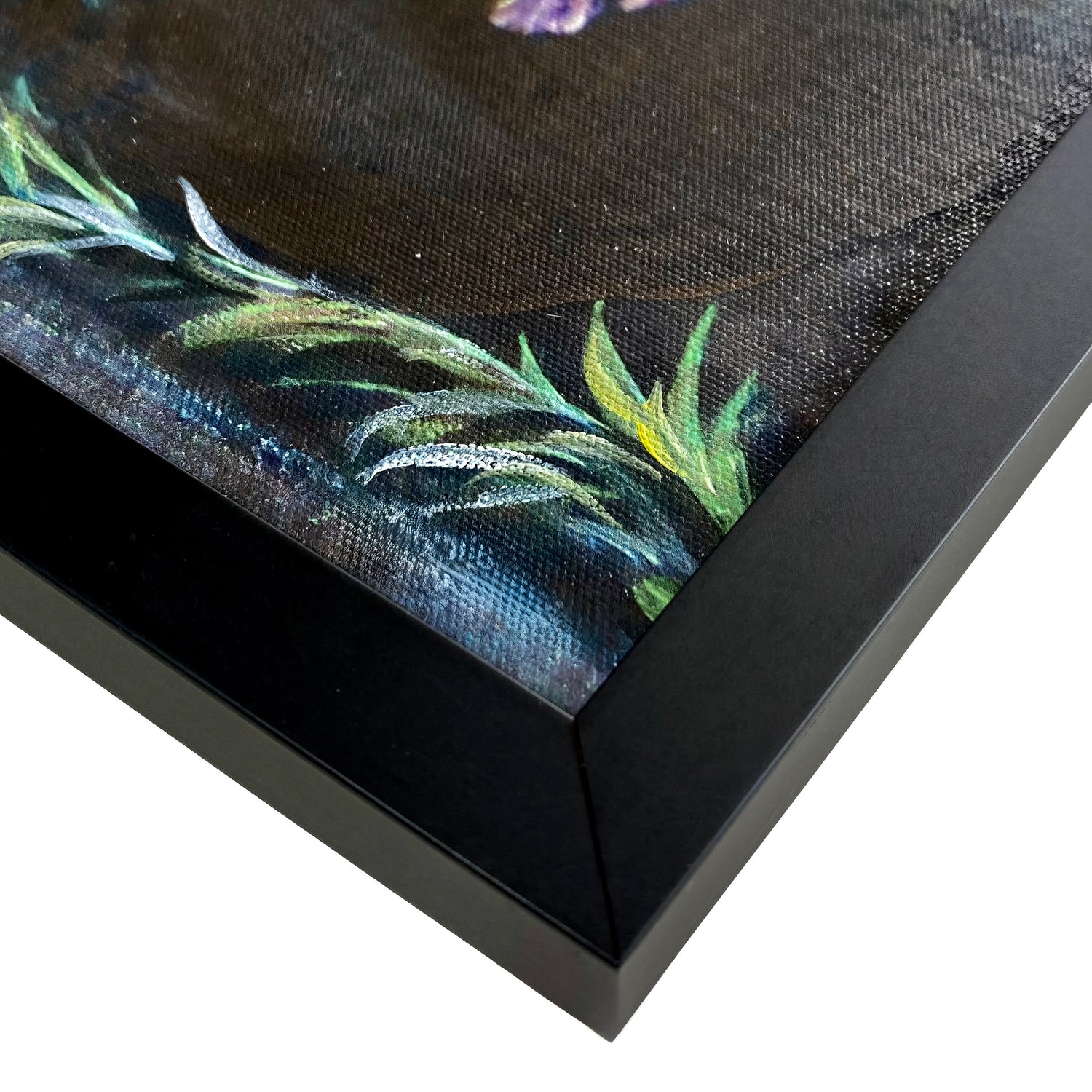Close-up of a floral painting with green leaves and purple flowers in a black frame.