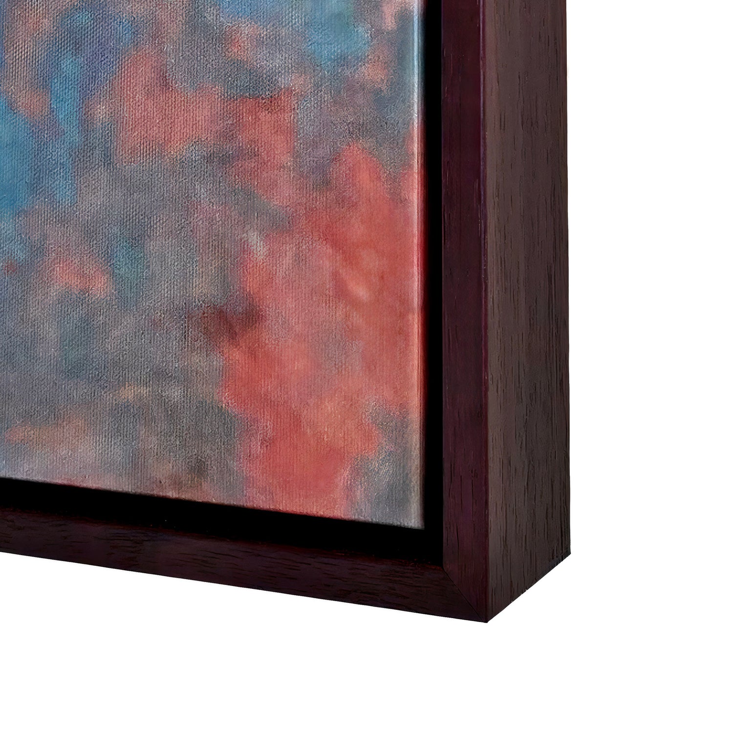 Abstract painting with a dark wooden frame on a white background