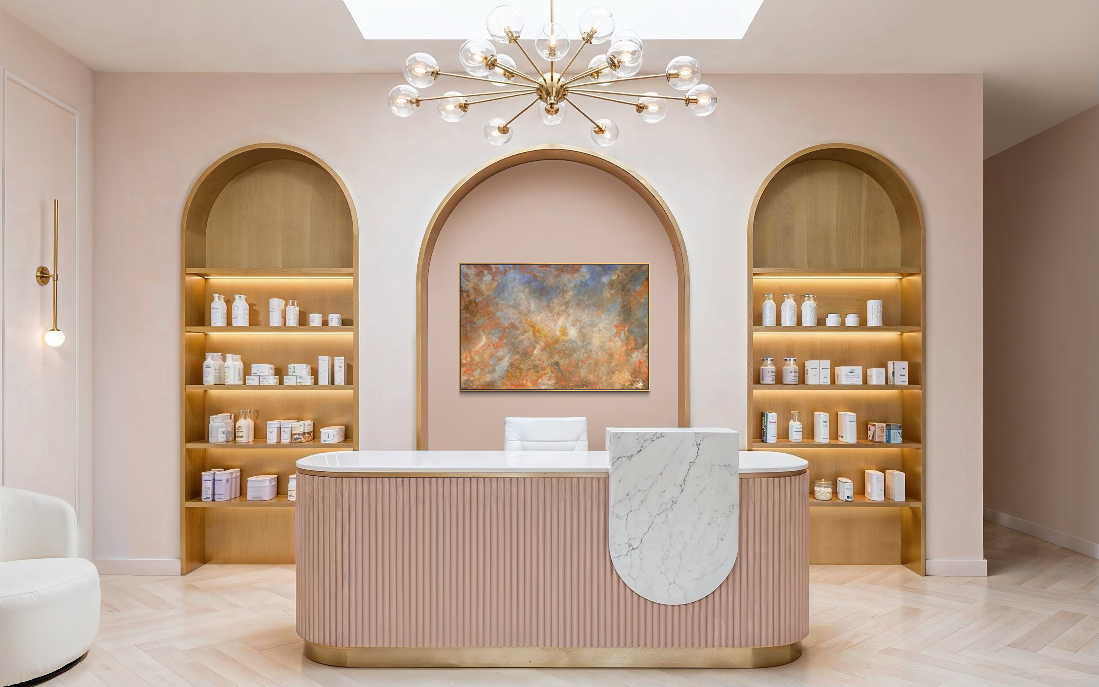 Modern interior design with a reception desk and shelves in a stylish room.