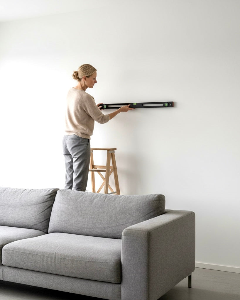Person using a level to ensure a level screw placement.