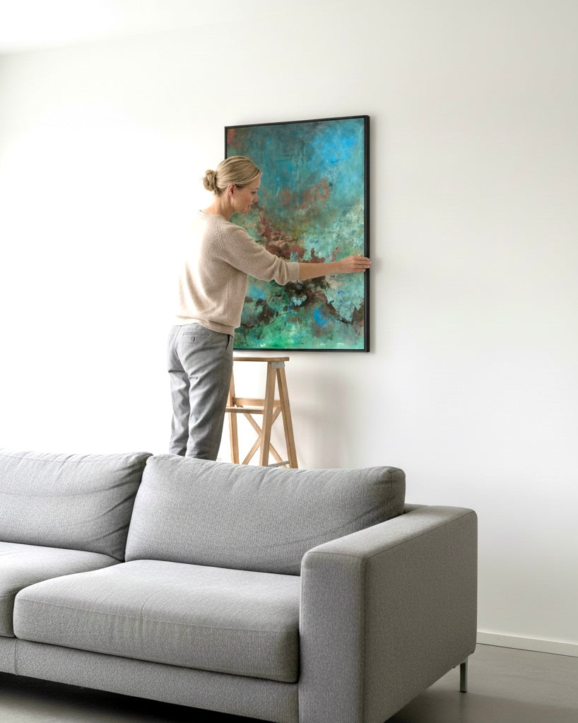 Person adjusting a framed abstract painting on a wall above a gray sofa.