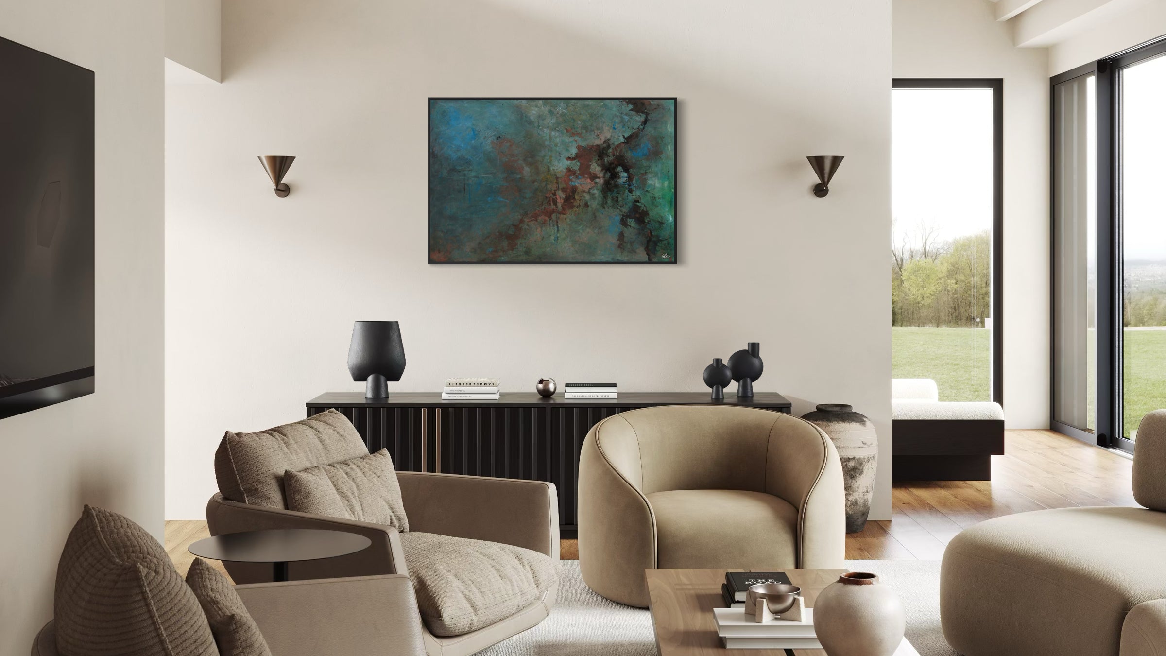 Modern living room with beige chairs, a coffee table, and a painting on the wall.