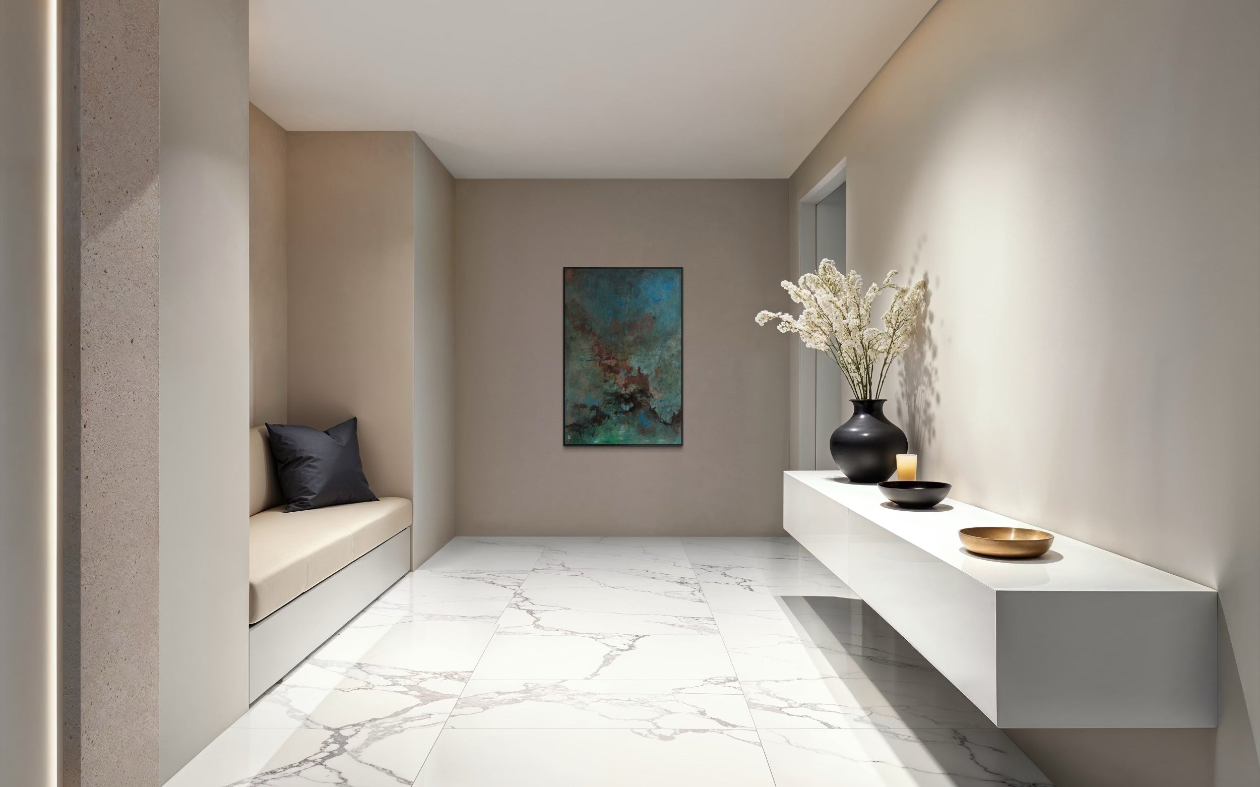 Modern interior hallway with a bench, wall art, and decorative items.