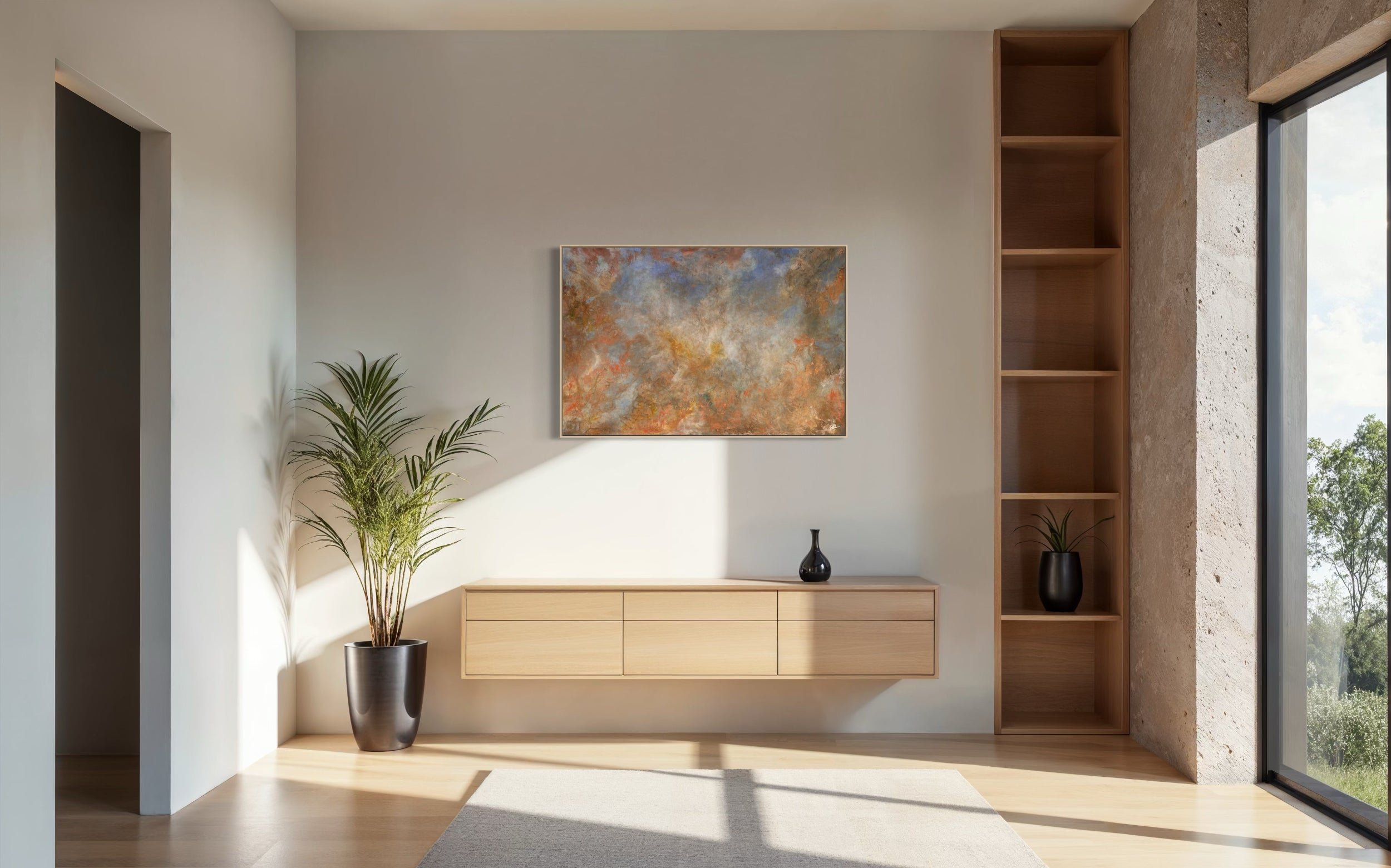Modern interior with wooden furniture, plant, and abstract painting on a wall.