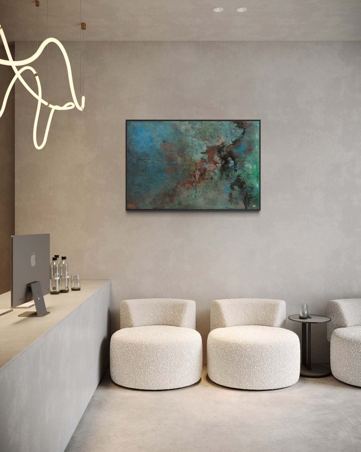 Modern interior with white chairs, a gray wall, and abstract art.