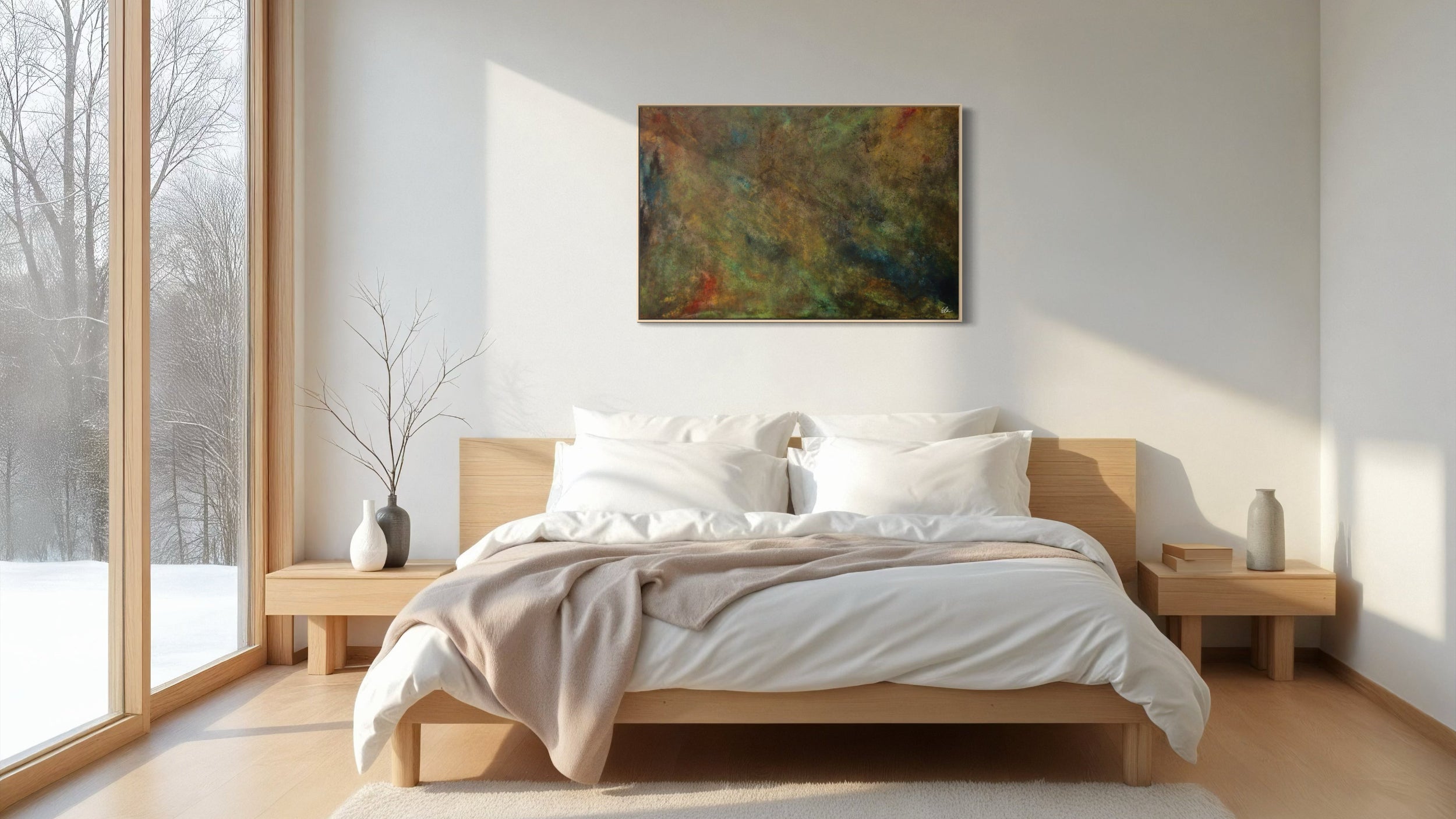 Modern bedroom with wooden bed, side tables, and a painting on the wall.