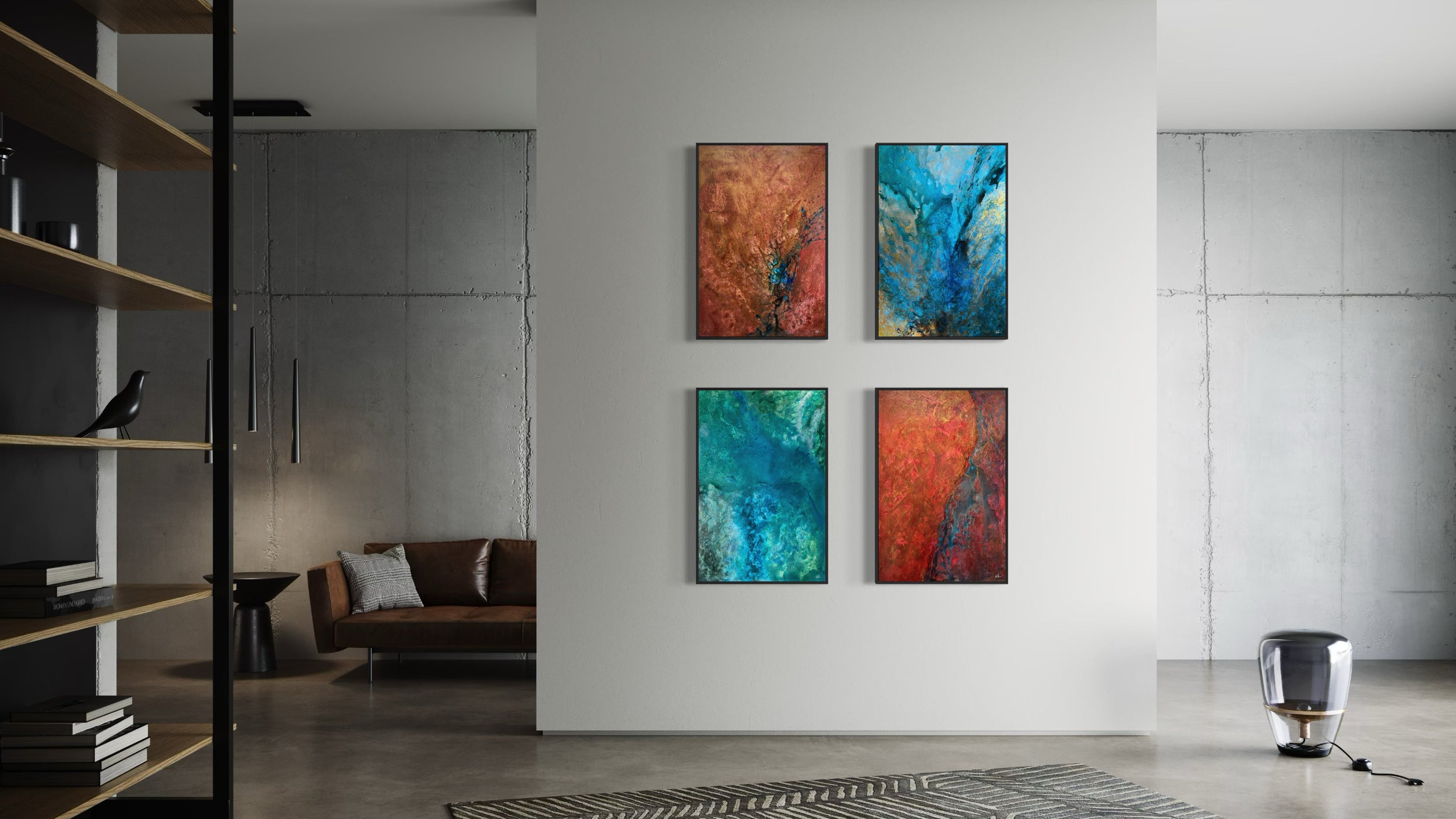 Modern interior with abstract paintings on a wall