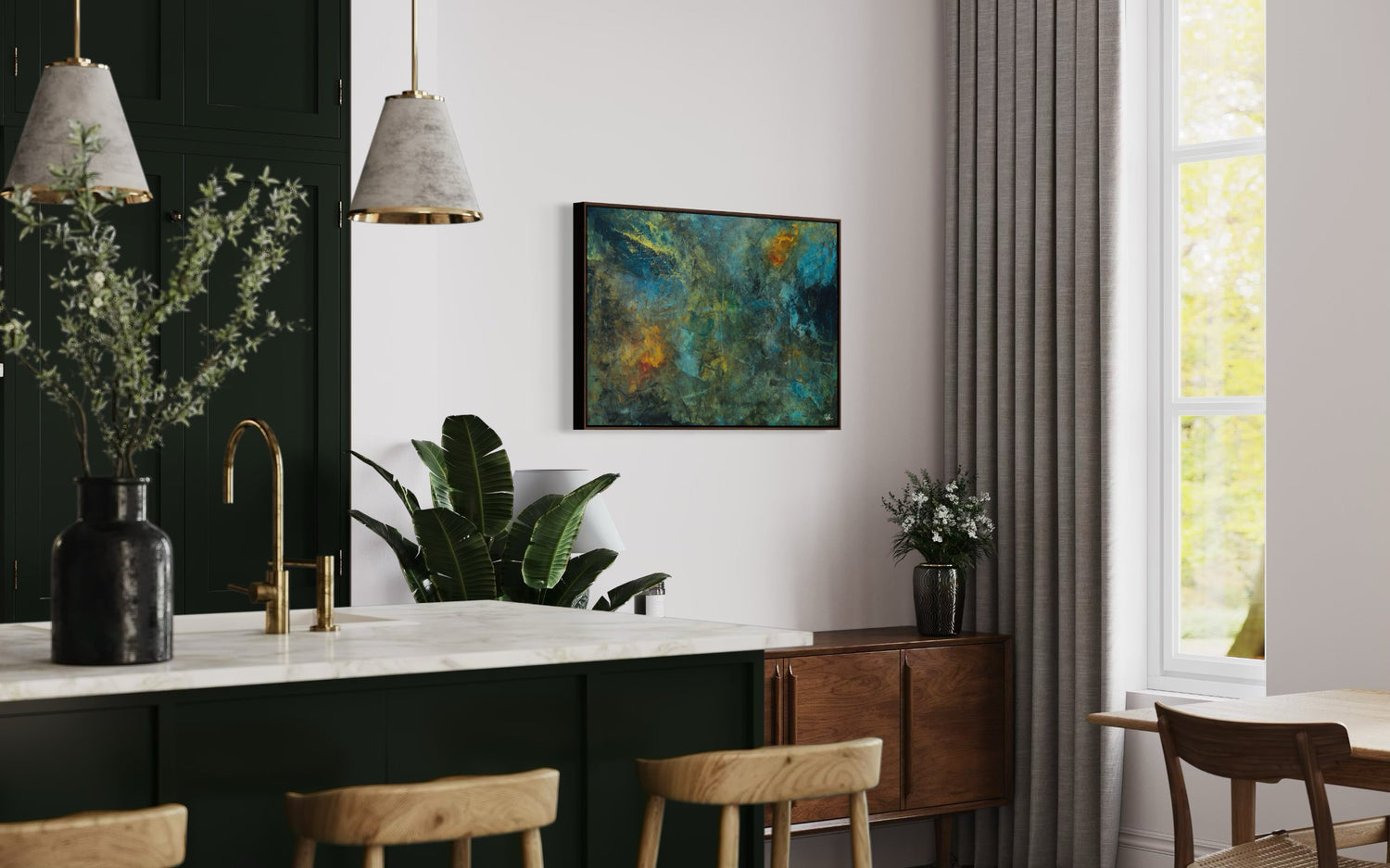 Modern kitchen with white countertop, wooden chairs, and a colorful abstract painting on the wall.