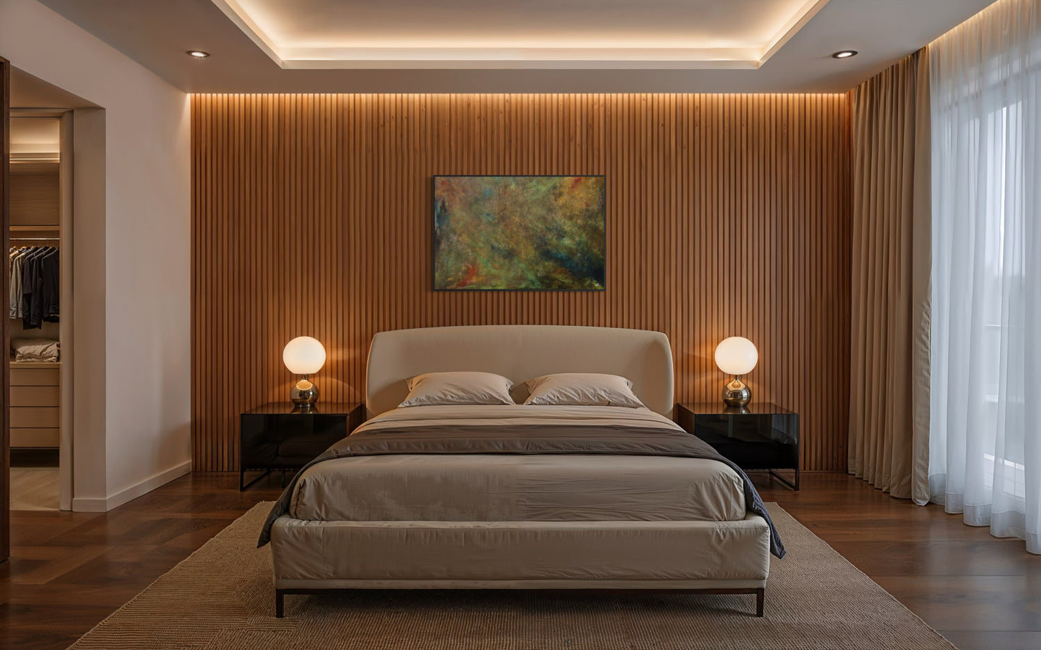 Modern bedroom with a bed, nightstands, and wall art.