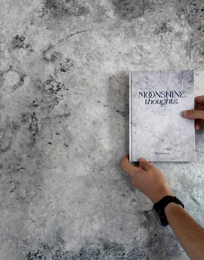 Book titled 'Moonshine Thoughts' held by two hands with an artwork behind it. Image credit: Elisabeth Wittauer
