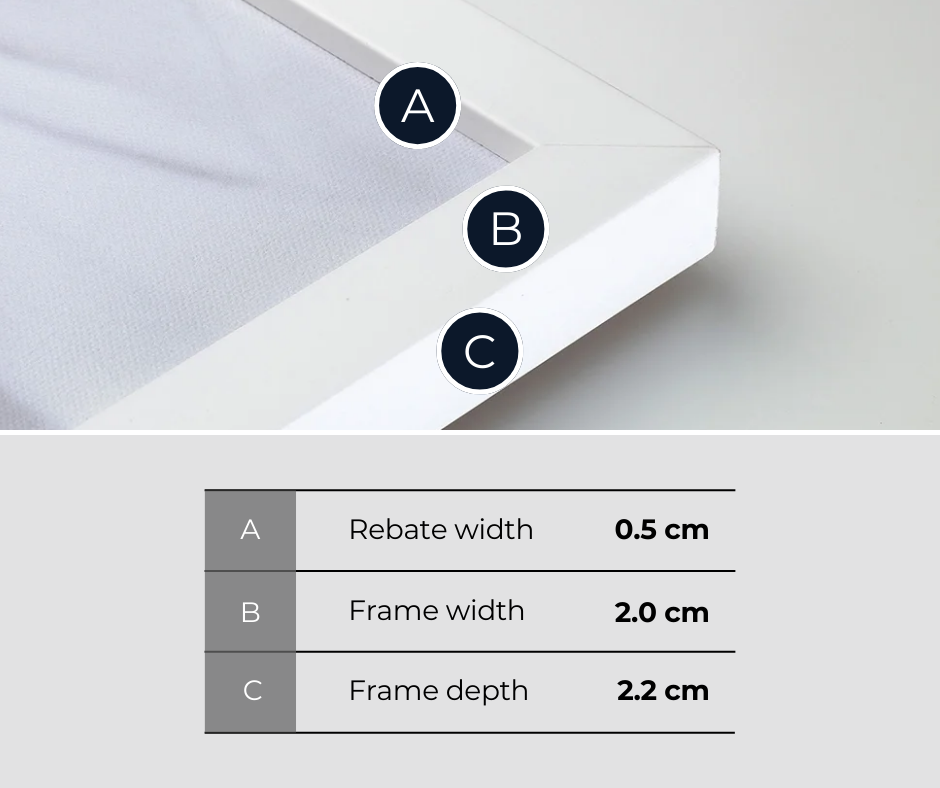 Measurement chart for frame dimensions with rebate, width, and depth labeled.