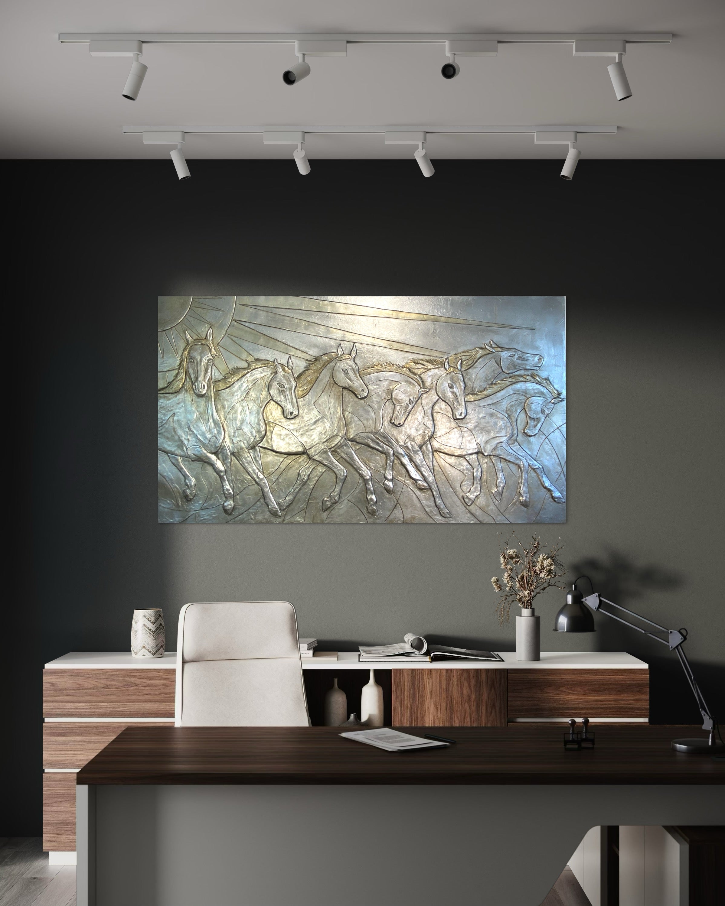 Modern office interior with a large abstract painting of horses on the wall.