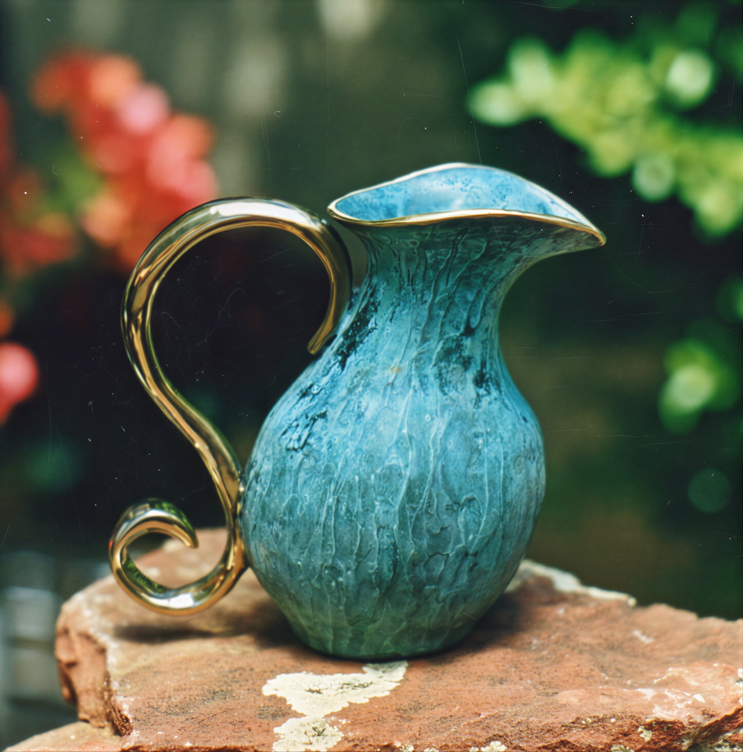 Blue ceramic pitcher with gold handle on a stone surface with blurred greenery in the background