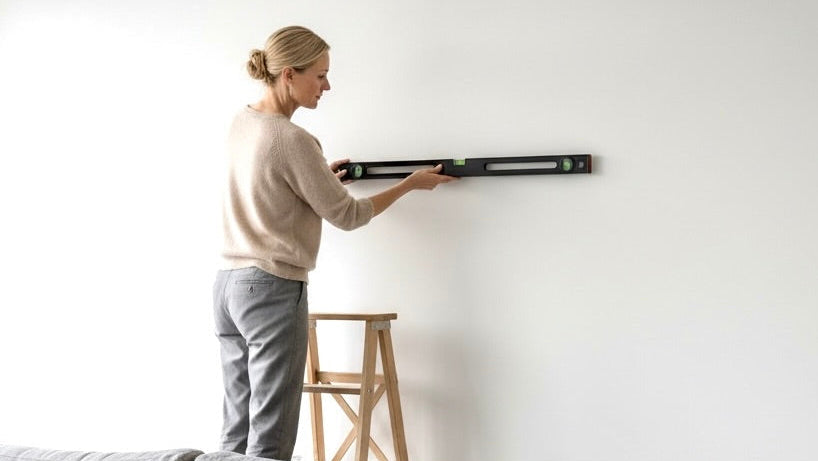 Woman using a spirit level  in a living room to hang an art piece.