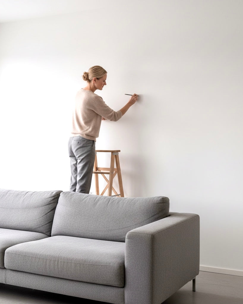 Person marking a white wall in a minimalistic living room with a gray sofa.