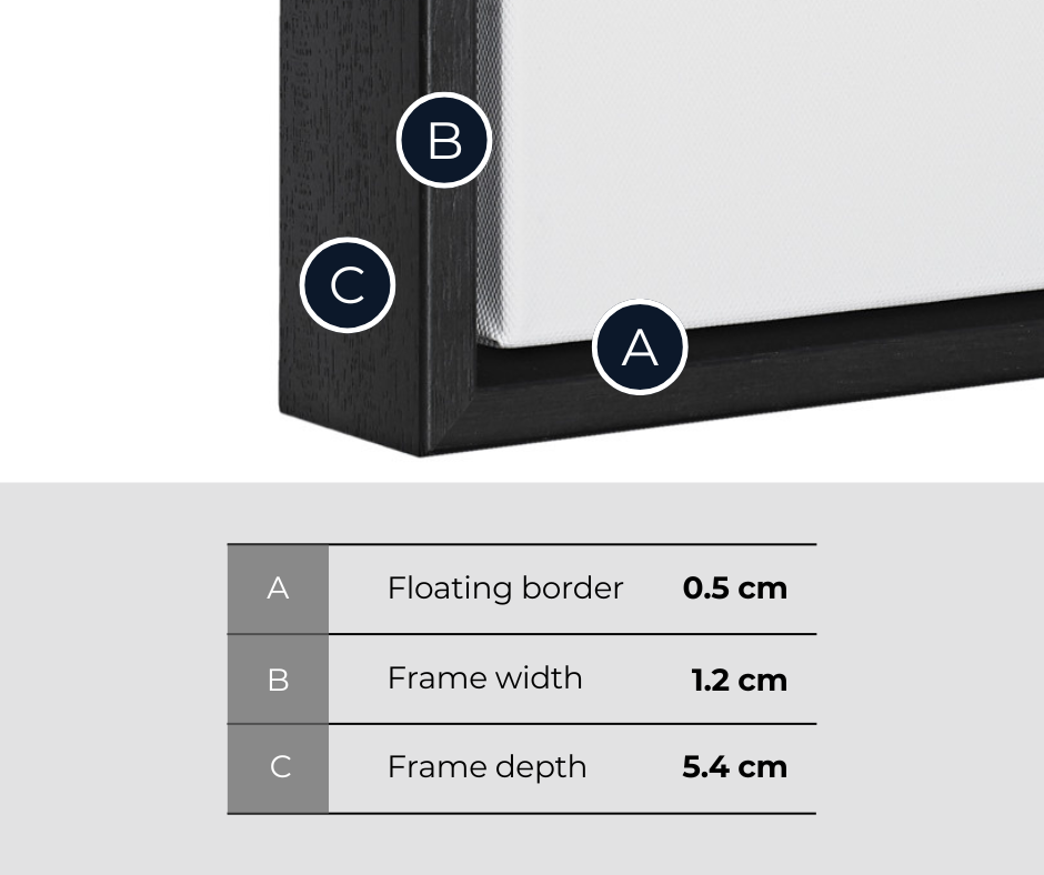 Black picture frame with measurements labeled on a white background